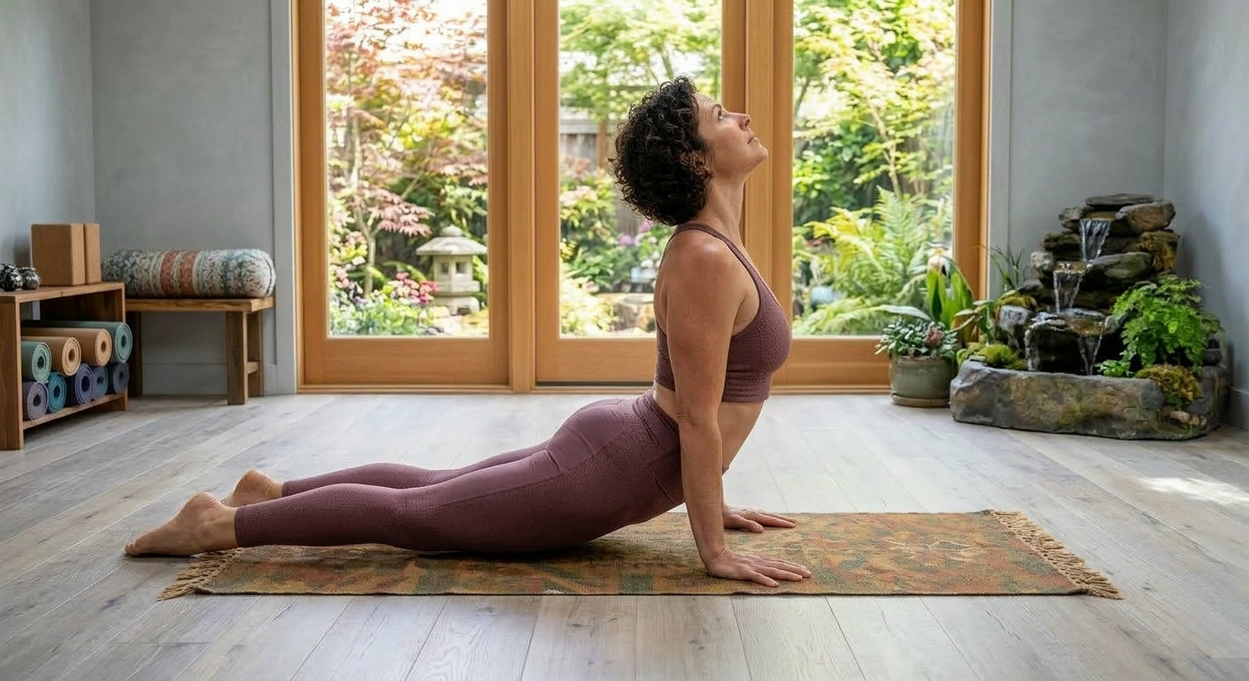 A yoga practitioner performing Cobra Pose (Bhujangasana), a heart-opening stretch used in yoga for mental health to counteract stress and improve posture.