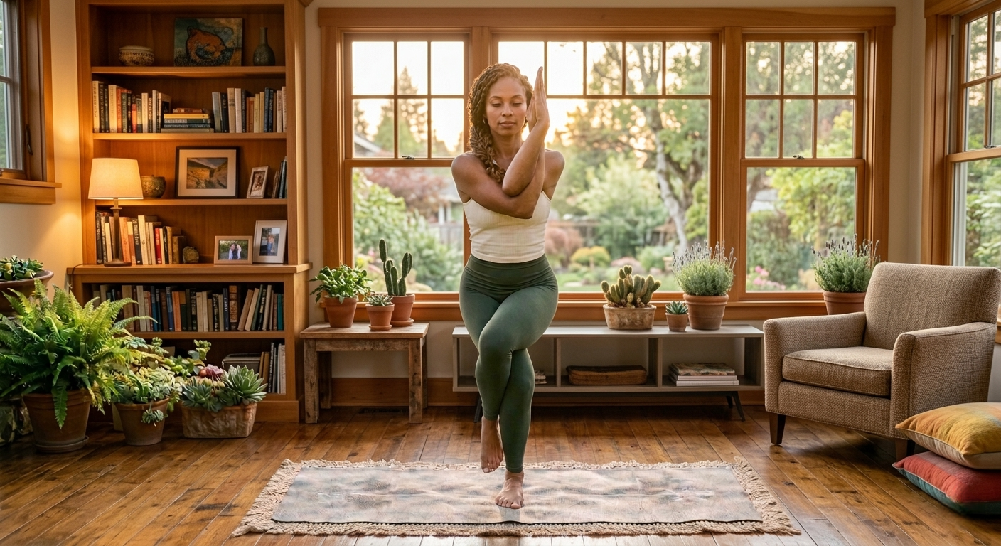 A yoga student practicing Eagle Pose (Garudasana) to improve concentration and balance, a key technique in yoga for mental health.