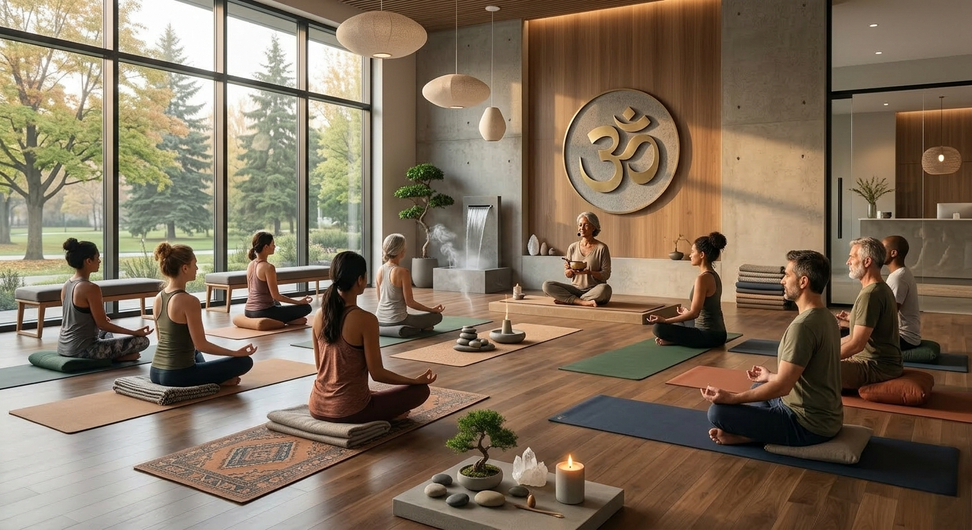 Guided meditation session for mental clarity and inner calm at a yoga studio
