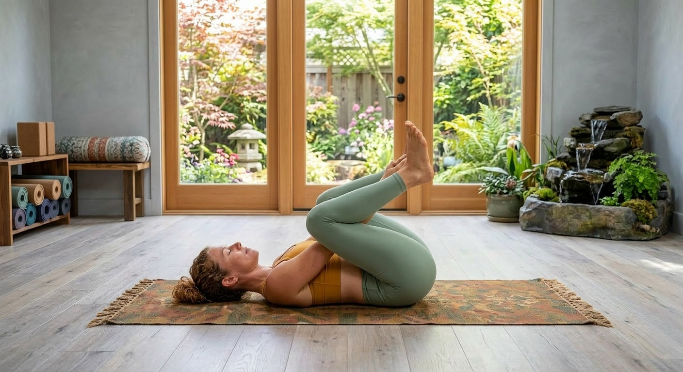 A yoga student in Happy Baby Pose (Ananda Balasana), a gentle hip opener used in yoga for mental health to release stored physical and emotional tension.