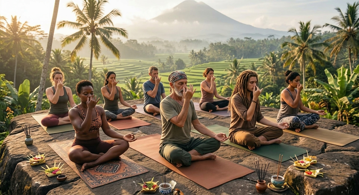 Pranayama breathwork session for relaxation and stress relief during yoga practice