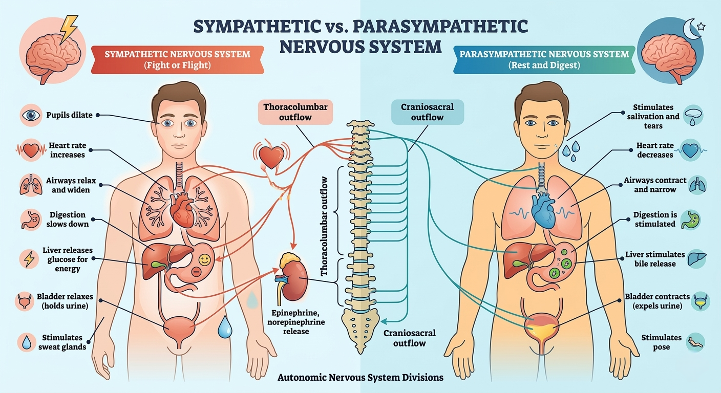 Infographic showing how yoga stimulates the vagus nerve and balances the autonomic nervous system for calm.
