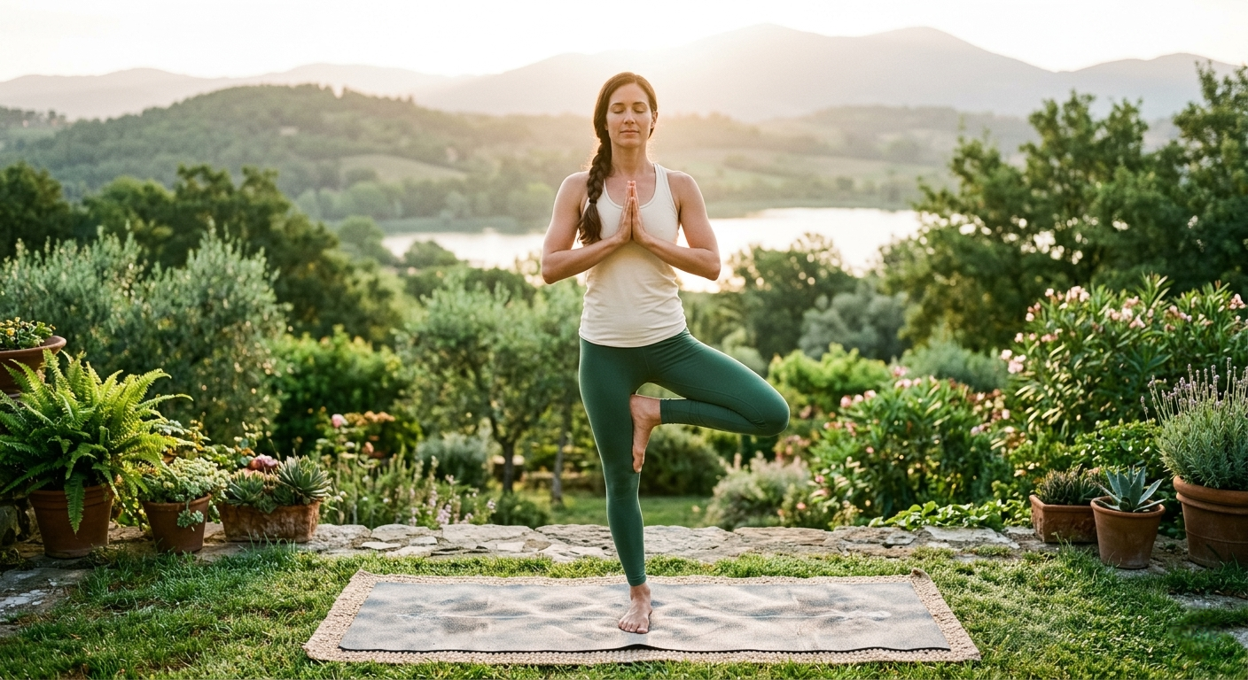 A yoga student practicing Tree Pose to improve focus and interrupt cycles of overthinking and rumination.