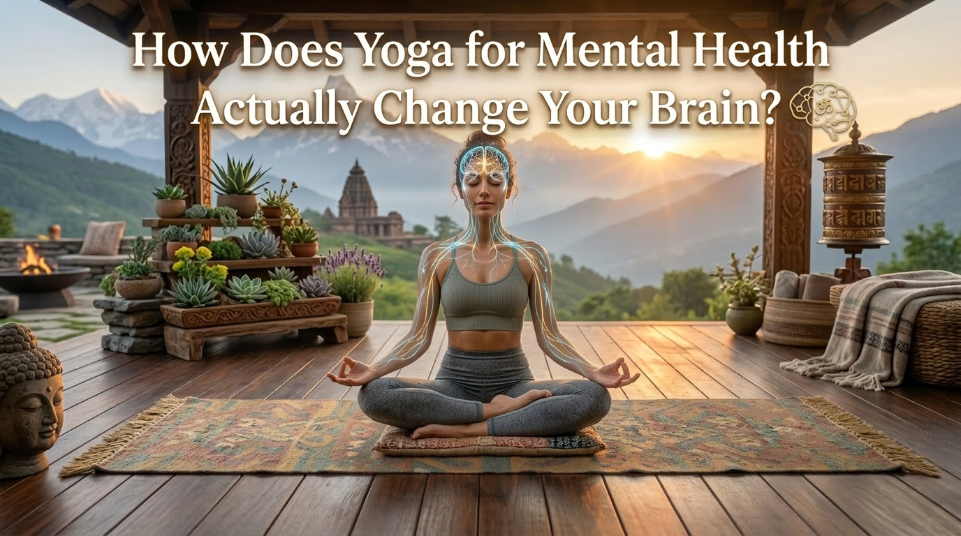 A person practicing yoga for mental health to reduce stress and anxiety in a bright, peaceful studio setting.